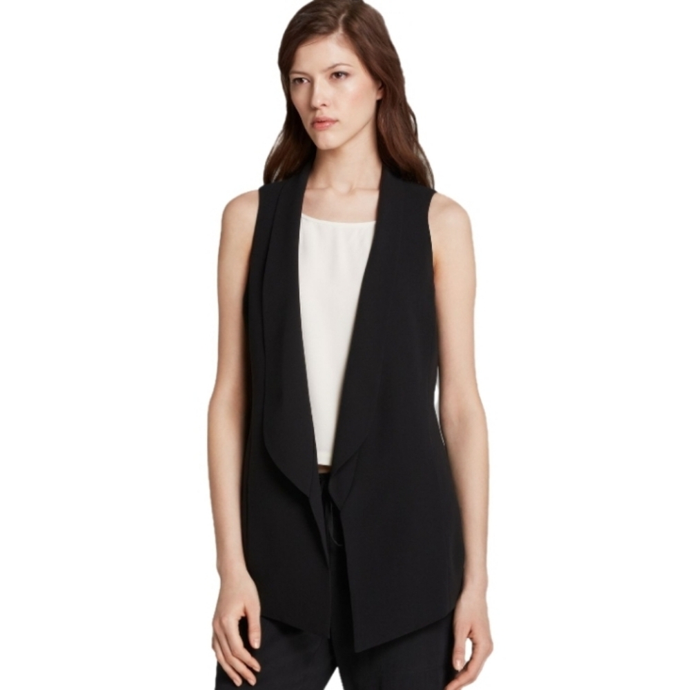 EILEEN FISHER Black Shawl Collar Silk Suiting Long Vest, Sz M, Retail $295